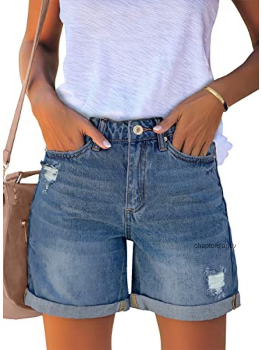 High Waisted Ripped Denim Jean Shorts Rolled Hem Casual Summer